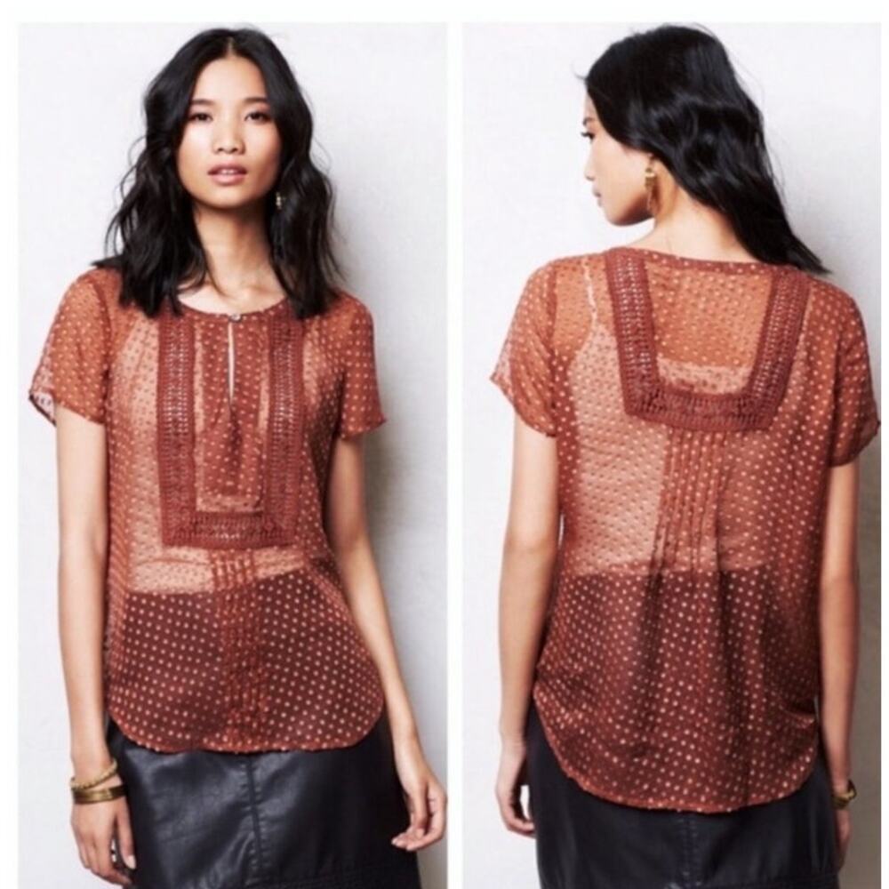 Anthropologie Meadow Rue Grassland Blouse Rust Brown Sheer Boho Patterned Top XS